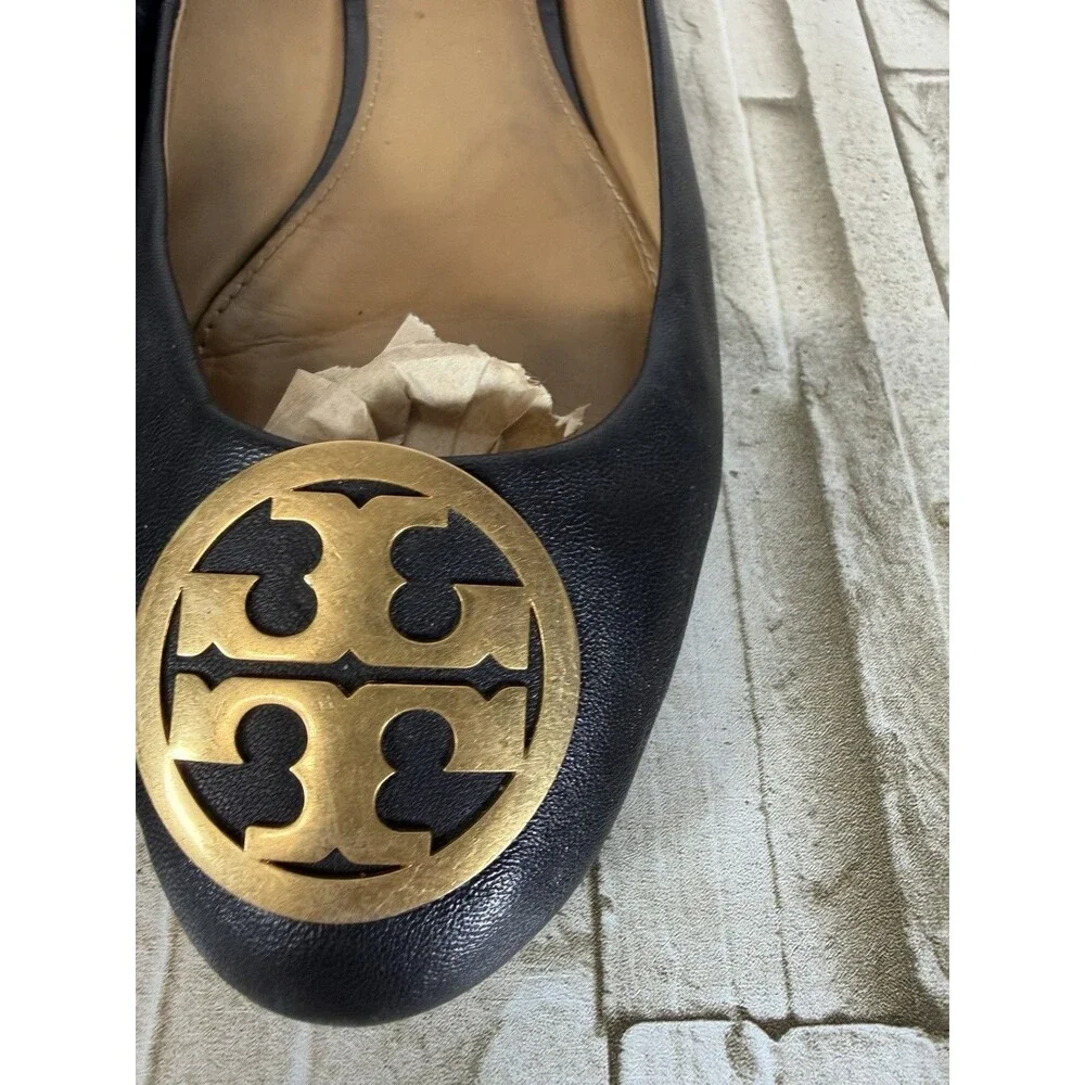 Tory Burch  Women’s  Shoe Minnie Metal Logo Flats  Leather Black Sz 9